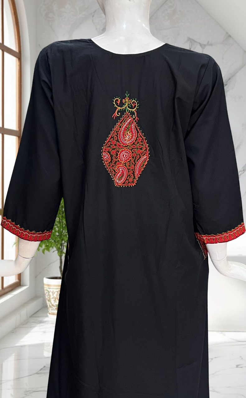 Black Bhopali Embroidery Soft Cotton Long Sleeves Nighty. Soft Breathable Fabric | Laces and Frills - Laces and Frills