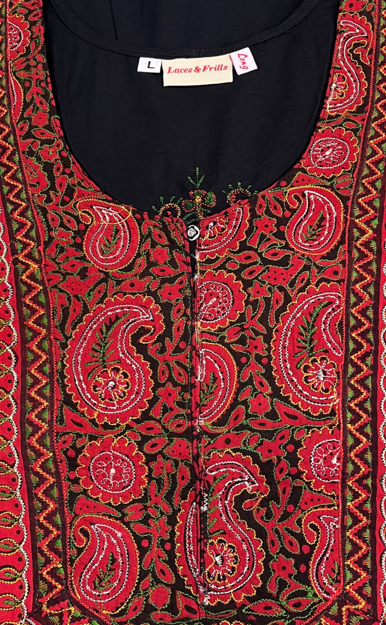 Black Bhopali Embroidery Soft Cotton Long Sleeves Nighty. Soft Breathable Fabric | Laces and Frills - Laces and Frills
