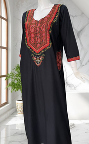 Black Bhopali Embroidery Soft Cotton Long Sleeves Nighty. Soft Breathable Fabric | Laces and Frills - Laces and Frills