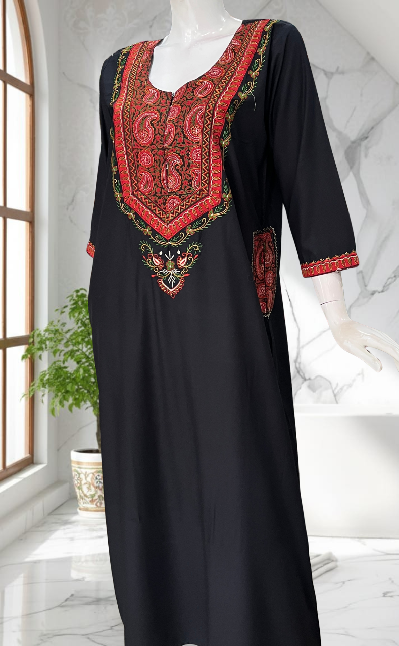 Black Bhopali Embroidery Soft Cotton Long Sleeves Nighty. Soft Breathable Fabric | Laces and Frills - Laces and Frills
