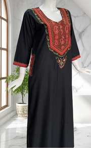 Black Bhopali Embroidery Soft Cotton Long Sleeves Nighty. Soft Breathable Fabric | Laces and Frills - Laces and Frills