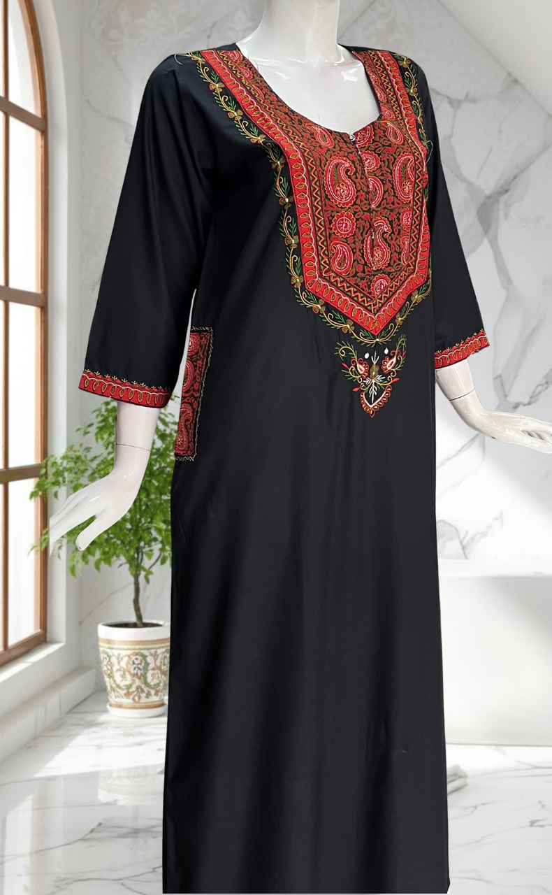 Black Bhopali Embroidery Soft Cotton Long Sleeves Nighty. Soft Breathable Fabric | Laces and Frills - Laces and Frills