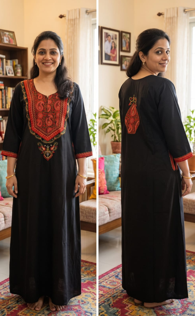 Black Bhopali Embroidery Soft Cotton Long Sleeves Nighty. Soft Breathable Fabric | Laces and Frills