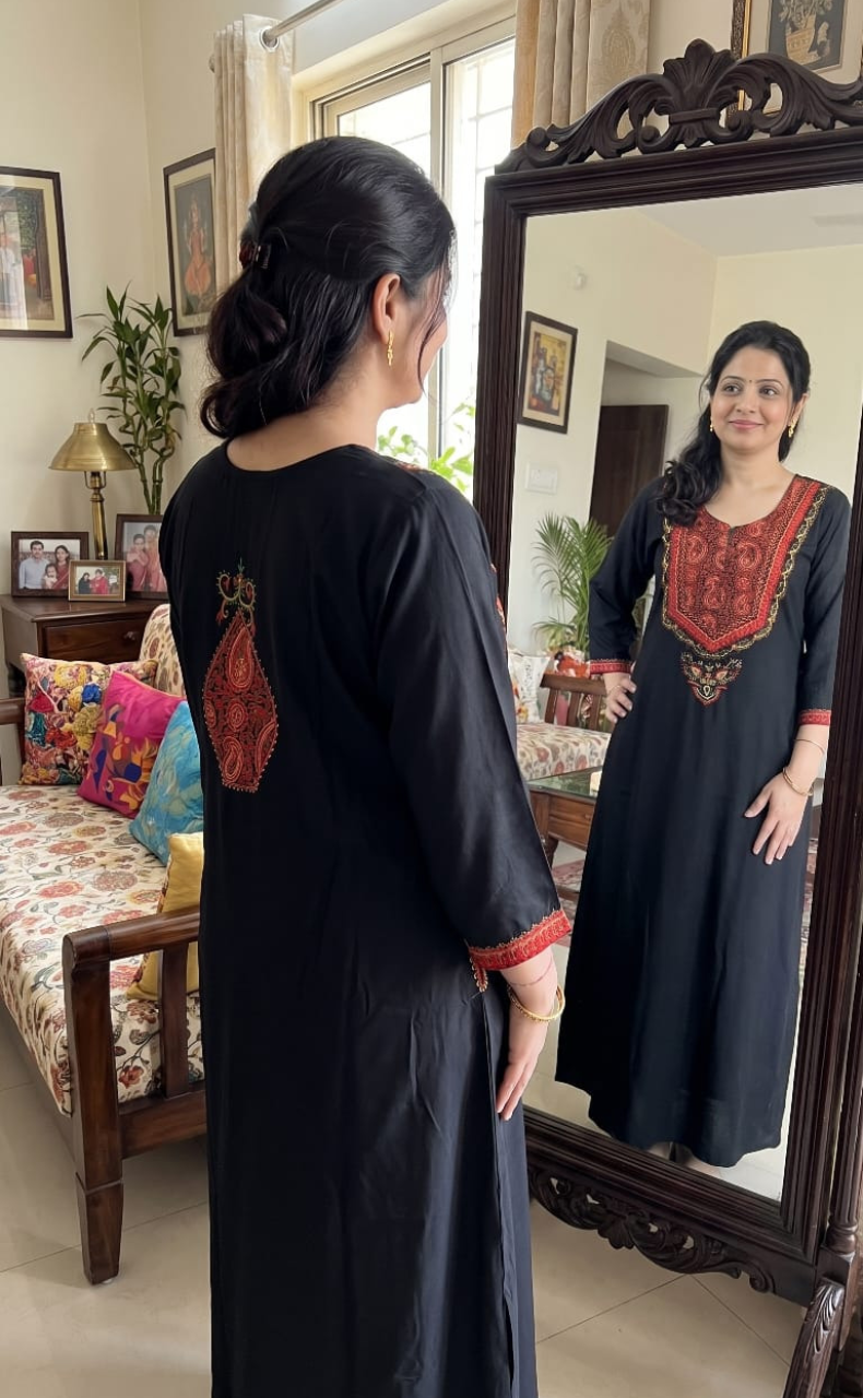 Black Bhopali Embroidery Soft Cotton Long Sleeves Nighty. Soft Breathable Fabric | Laces and Frills - Laces and Frills