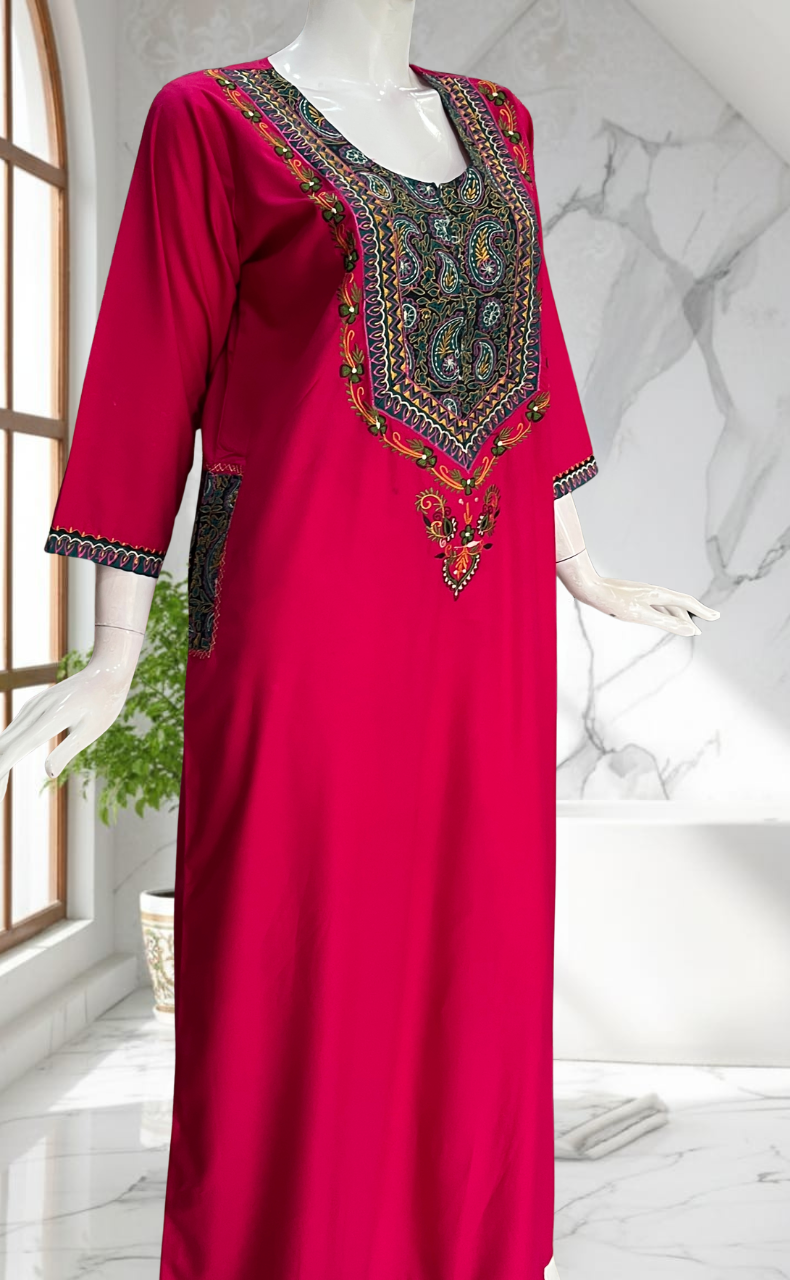 Pink Bhopali Embroidery Soft Cotton Long Sleeves Nighty. Soft Breathable Fabric | Laces and Frills - Laces and Frills