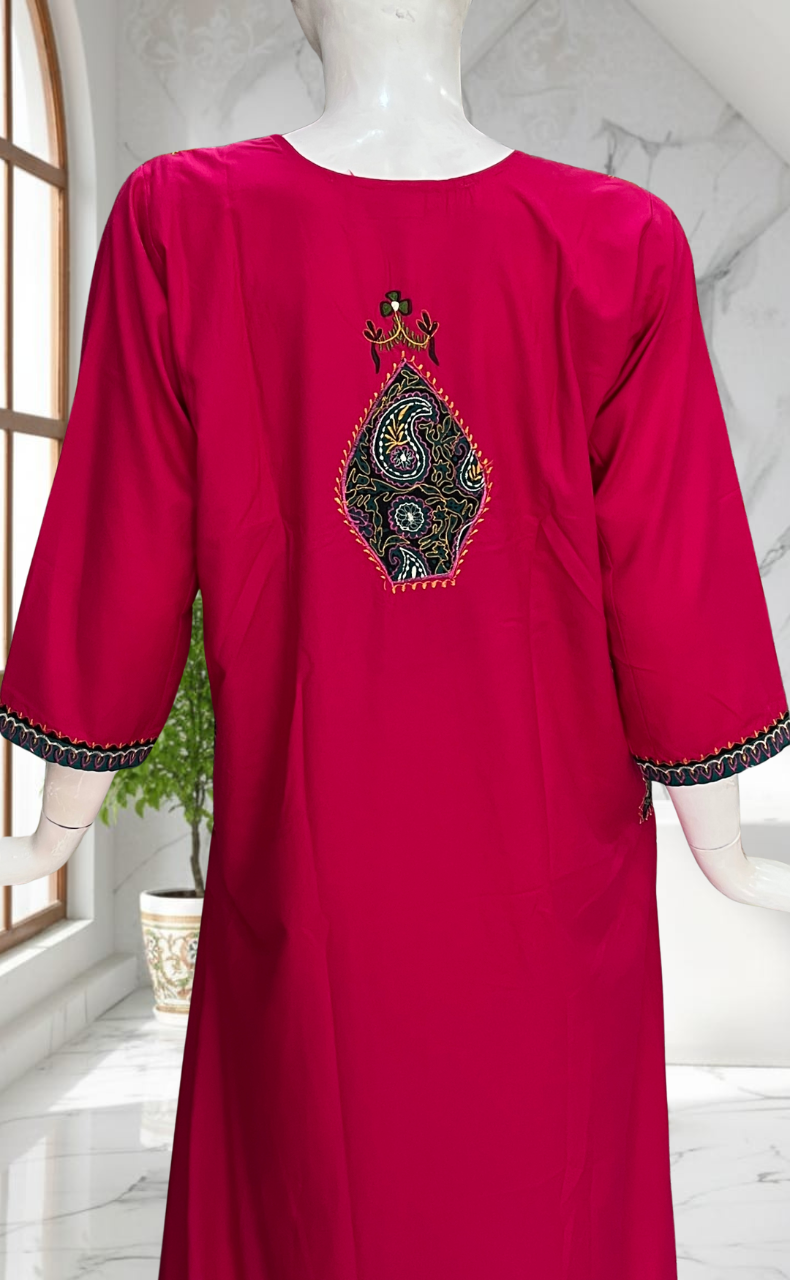 Pink Bhopali Embroidery Soft Cotton Long Sleeves Nighty. Soft Breathable Fabric | Laces and Frills - Laces and Frills