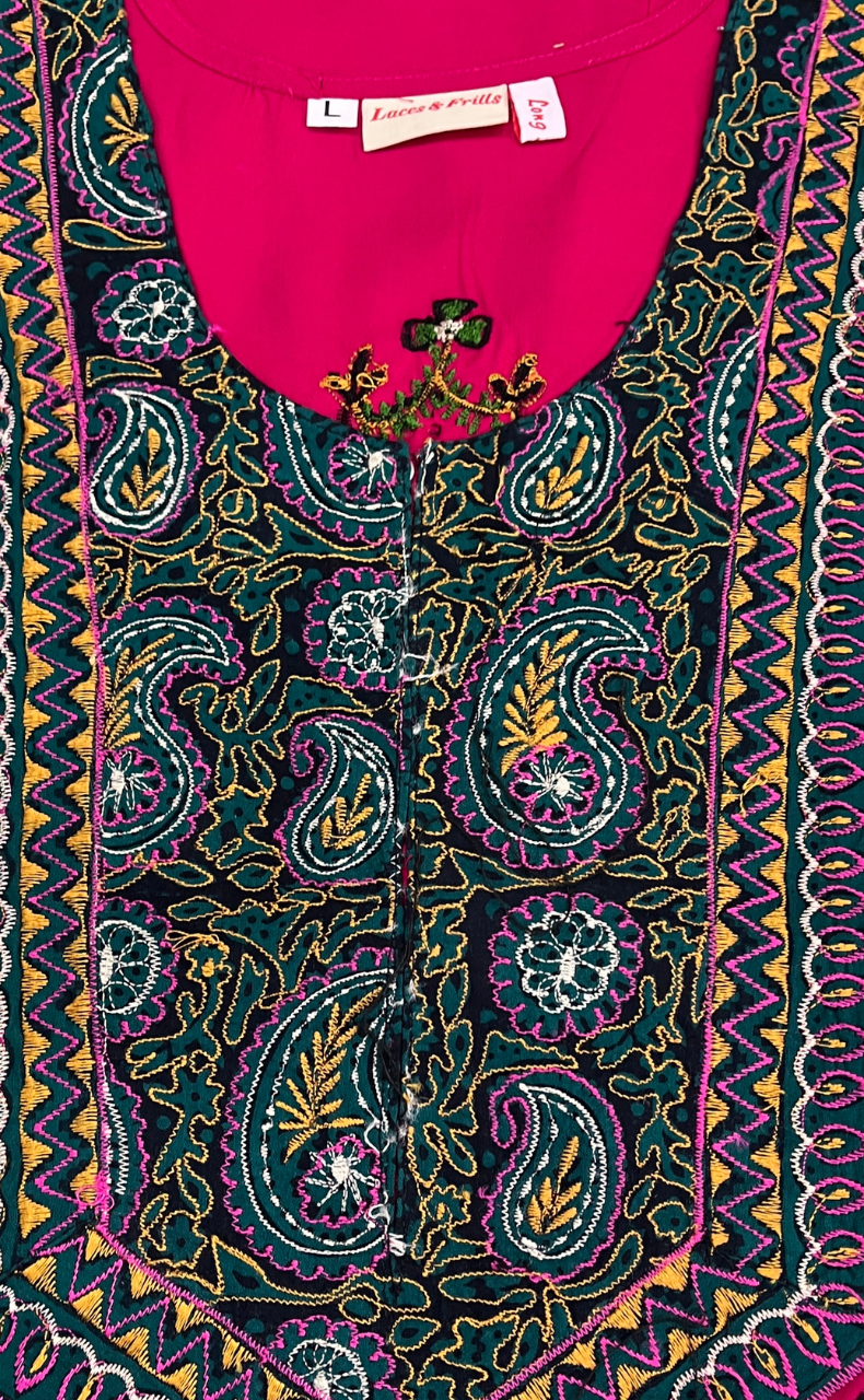 Pink Bhopali Embroidery Soft Cotton Long Sleeves Nighty. Soft Breathable Fabric | Laces and Frills - Laces and Frills