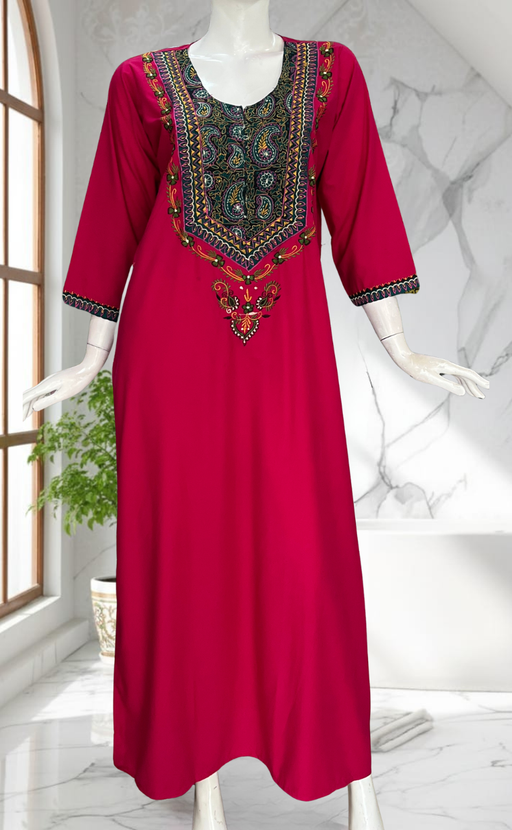 Pink Bhopali Embroidery Soft Cotton Long Sleeves Nighty. Soft Breathable Fabric | Laces and Frills - Laces and Frills