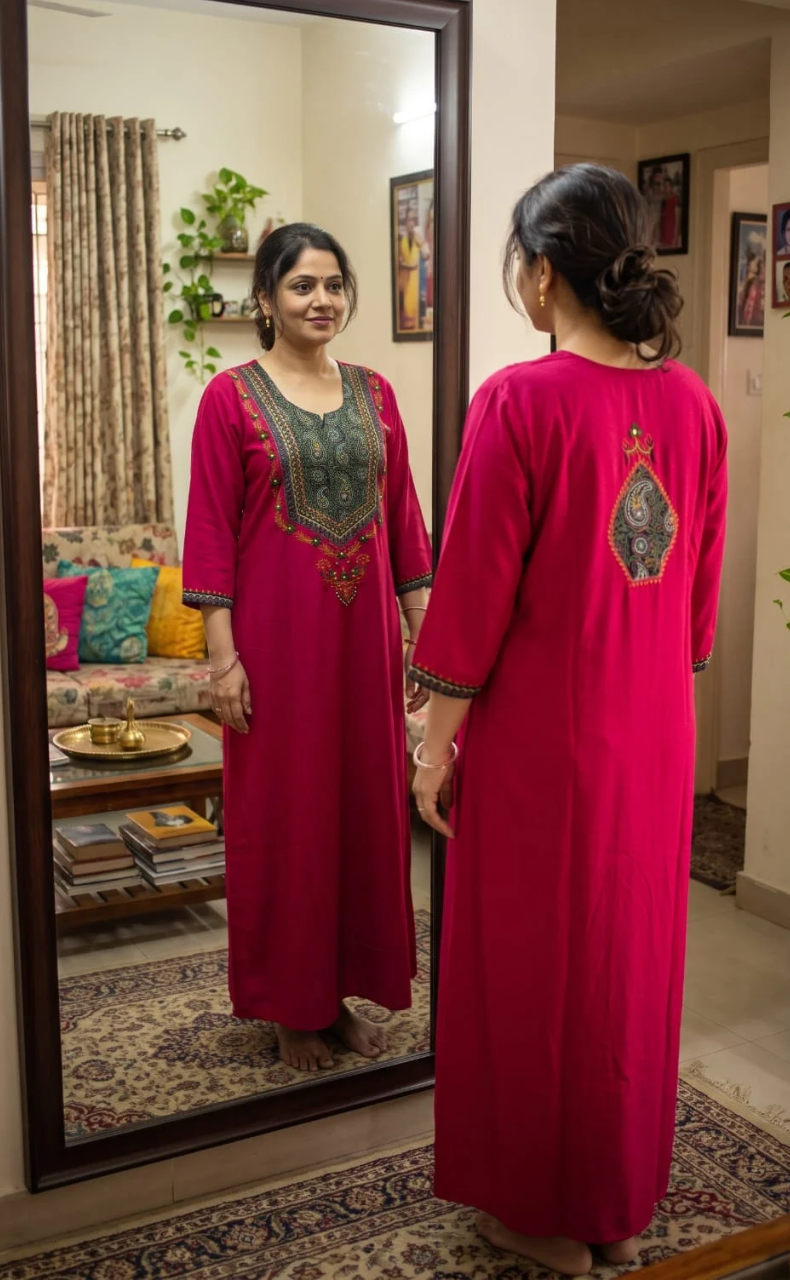 Pink Bhopali Embroidery Soft Cotton Long Sleeves Nighty. Soft Breathable Fabric | Laces and Frills - Laces and Frills