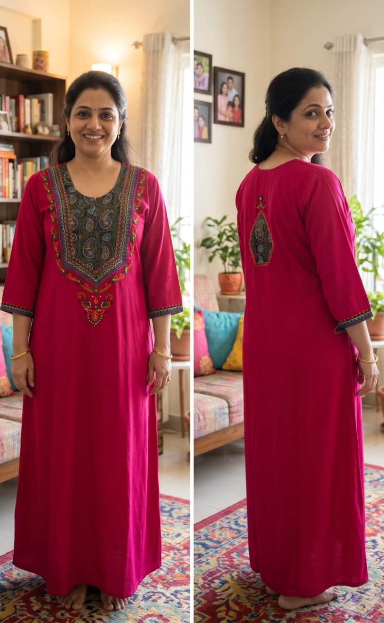 Pink Bhopali Embroidery Soft Cotton Long Sleeves Nighty. Soft Breathable Fabric | Laces and Frills