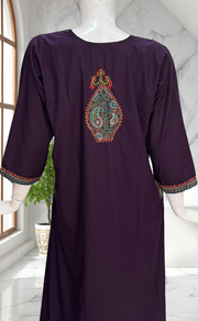 Violet Bhopali Embroidery Soft Cotton Long Sleeves Nighty. Soft Breathable Fabric | Laces and Frills - Laces and Frills