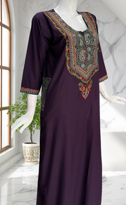 Violet Bhopali Embroidery Soft Cotton Long Sleeves Nighty. Soft Breathable Fabric | Laces and Frills - Laces and Frills