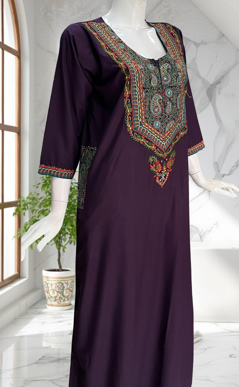 Violet Bhopali Embroidery Soft Cotton Long Sleeves Nighty. Soft Breathable Fabric | Laces and Frills - Laces and Frills