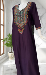 Violet Bhopali Embroidery Soft Cotton Long Sleeves Nighty. Soft Breathable Fabric | Laces and Frills - Laces and Frills