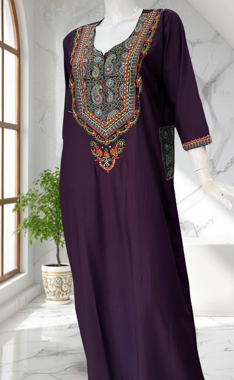 Violet Bhopali Embroidery Soft Cotton Long Sleeves Nighty. Soft Breathable Fabric | Laces and Frills - Laces and Frills