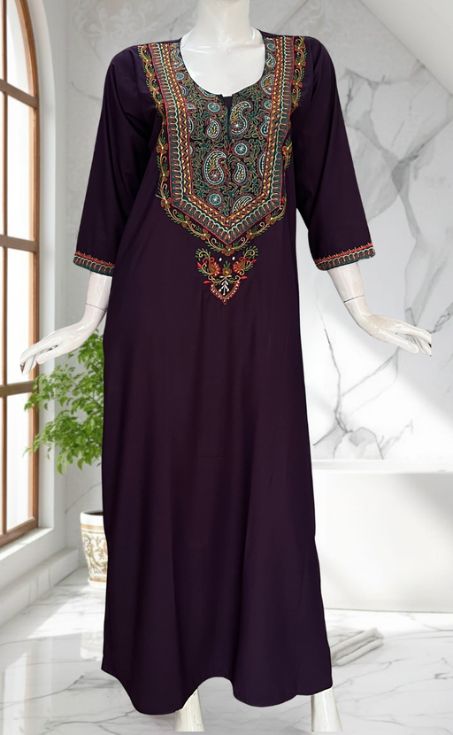 Violet Bhopali Embroidery Soft Cotton Long Sleeves Nighty. Soft Breathable Fabric | Laces and Frills - Laces and Frills
