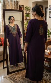 Violet Bhopali Embroidery Soft Cotton Long Sleeves Nighty. Soft Breathable Fabric | Laces and Frills - Laces and Frills