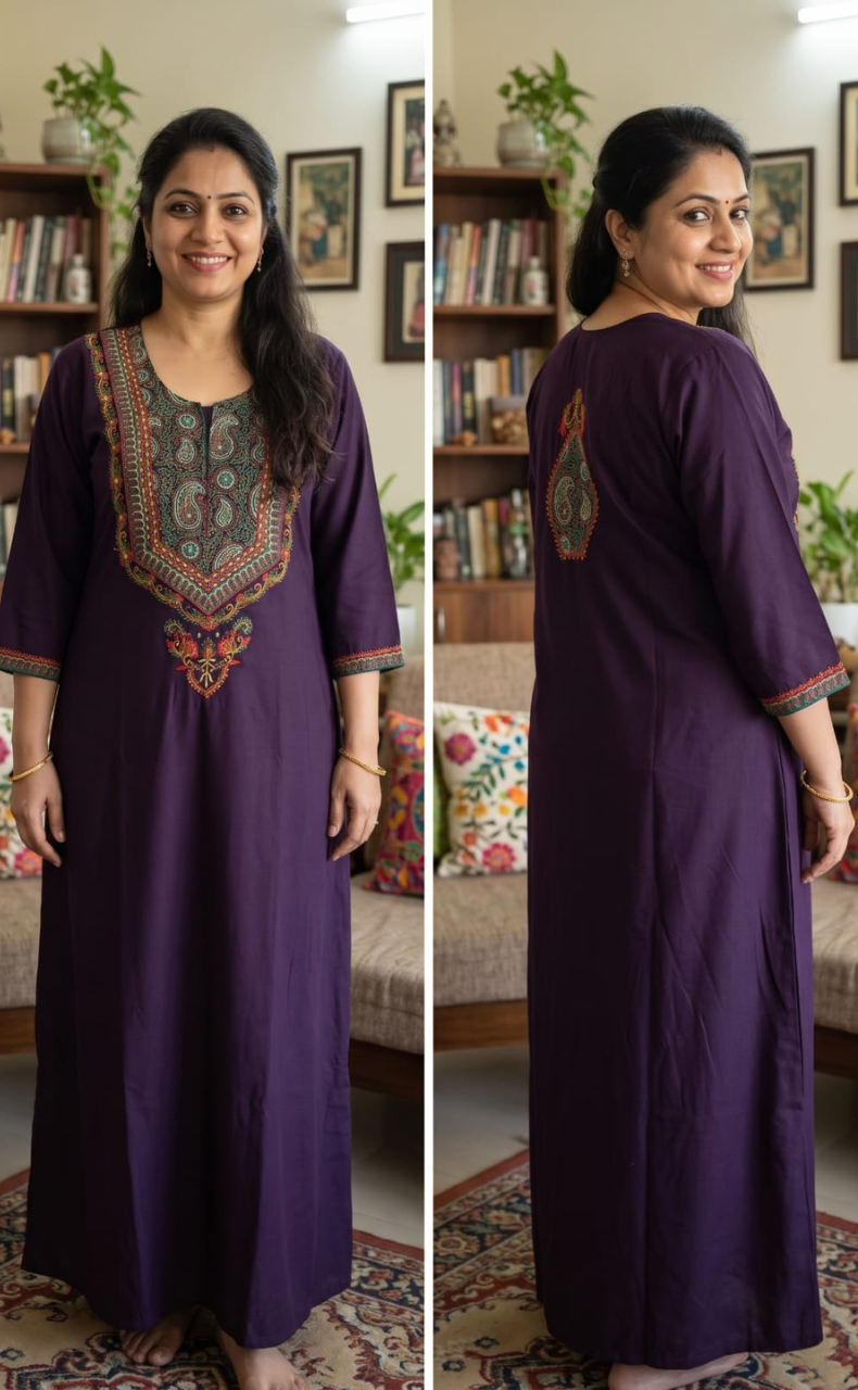 Violet Bhopali Embroidery Soft Cotton Long Sleeves Nighty. Soft Breathable Fabric | Laces and Frills - Laces and Frills