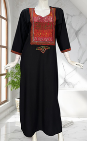 Black Bhopali Embroidery Soft Cotton Long Sleeves Nighty. Soft Breathable Fabric | Laces and Frills - Laces and Frills