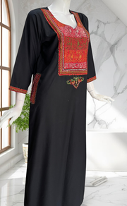 Black Bhopali Embroidery Soft Cotton Long Sleeves Nighty. Soft Breathable Fabric | Laces and Frills - Laces and Frills