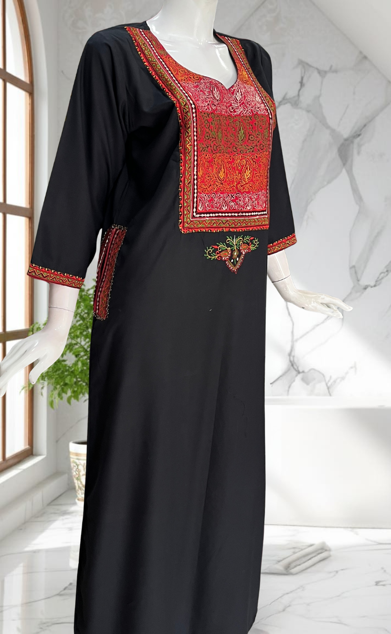 Black Bhopali Embroidery Soft Cotton Long Sleeves Nighty. Soft Breathable Fabric | Laces and Frills - Laces and Frills