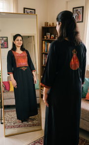 Black Bhopali Embroidery Soft Cotton Long Sleeves Nighty. Soft Breathable Fabric | Laces and Frills - Laces and Frills