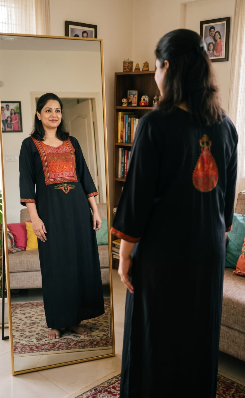 Black Bhopali Embroidery Soft Cotton Long Sleeves Nighty. Soft Breathable Fabric | Laces and Frills - Laces and Frills