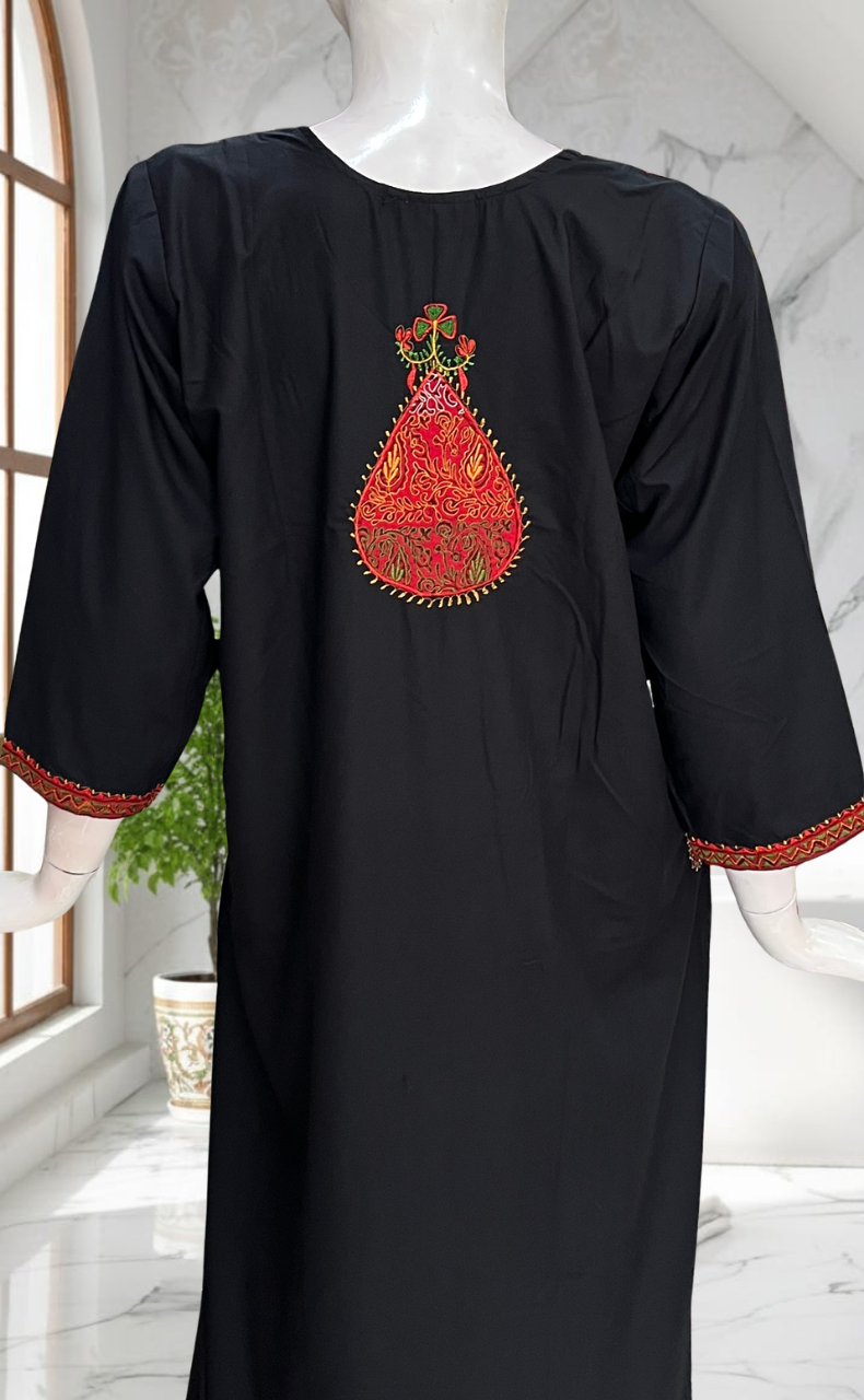 Black Bhopali Embroidery Soft Cotton Long Sleeves Nighty. Soft Breathable Fabric | Laces and Frills - Laces and Frills