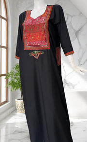 Black Bhopali Embroidery Soft Cotton Long Sleeves Nighty. Soft Breathable Fabric | Laces and Frills - Laces and Frills