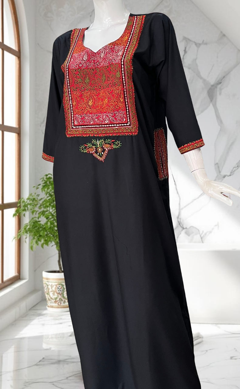Black Bhopali Embroidery Soft Cotton Long Sleeves Nighty. Soft Breathable Fabric | Laces and Frills - Laces and Frills