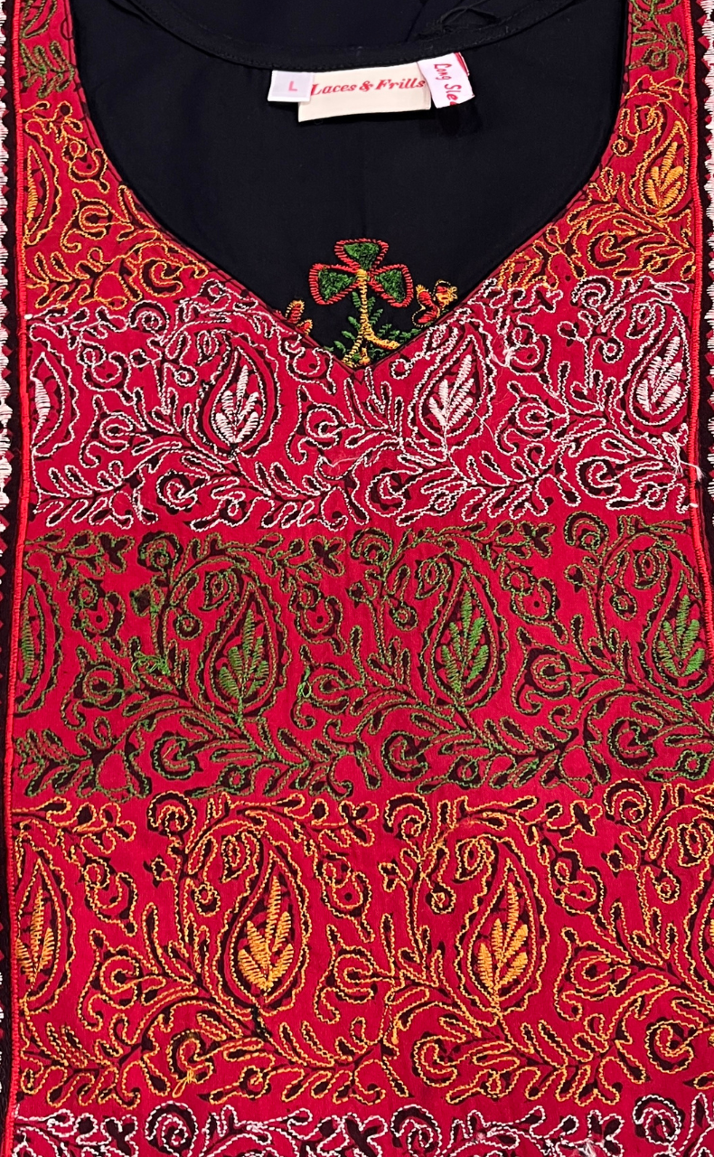 Black Bhopali Embroidery Soft Cotton Long Sleeves Nighty. Soft Breathable Fabric | Laces and Frills - Laces and Frills