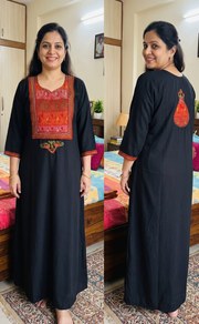 Black Bhopali Embroidery Soft Cotton Long Sleeves Nighty. Soft Breathable Fabric | Laces and Frills - Laces and Frills