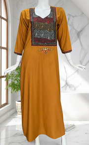 Yellow Bhopali Embroidery Soft Cotton Long Sleeves Nighty. Soft Breathable Fabric | Laces and Frills - Laces and Frills
