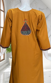 Yellow Bhopali Embroidery Soft Cotton Long Sleeves Nighty. Soft Breathable Fabric | Laces and Frills - Laces and Frills
