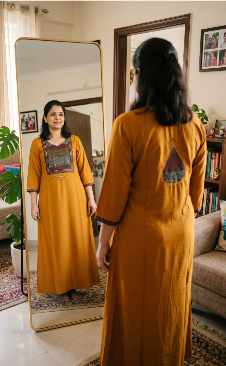 Yellow Bhopali Embroidery Soft Cotton Long Sleeves Nighty. Soft Breathable Fabric | Laces and Frills - Laces and Frills