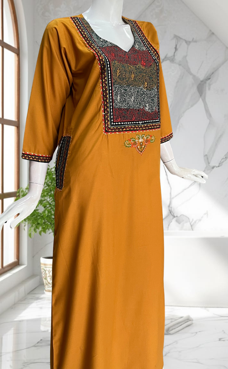 Yellow Bhopali Embroidery Soft Cotton Long Sleeves Nighty. Soft Breathable Fabric | Laces and Frills - Laces and Frills