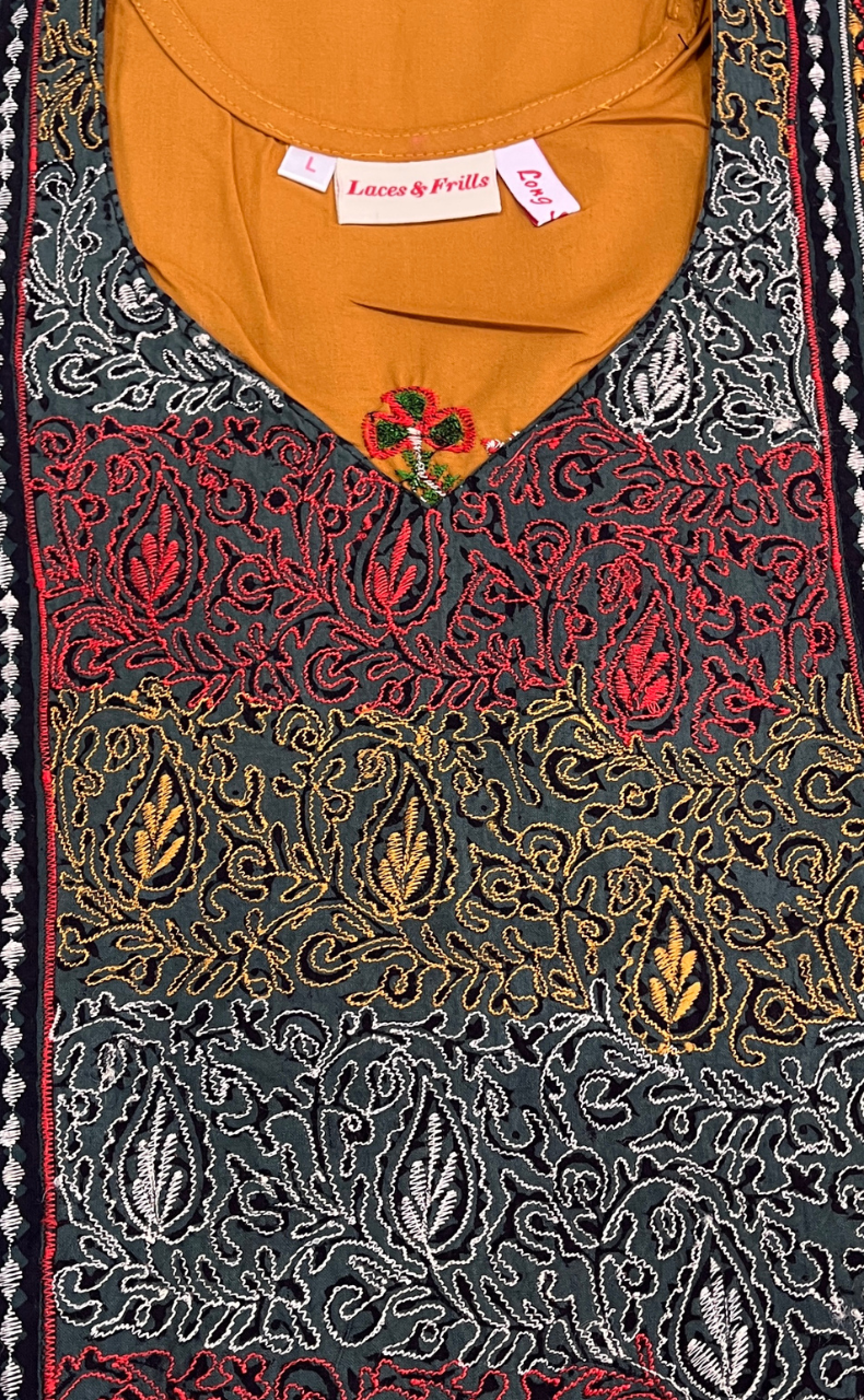 Yellow Bhopali Embroidery Soft Cotton Long Sleeves Nighty. Soft Breathable Fabric | Laces and Frills - Laces and Frills