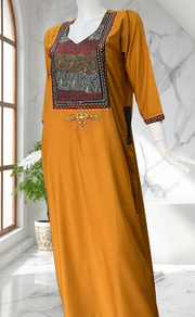 Yellow Bhopali Embroidery Soft Cotton Long Sleeves Nighty. Soft Breathable Fabric | Laces and Frills - Laces and Frills