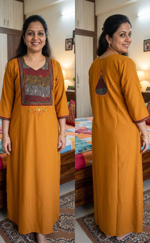 Yellow Bhopali Embroidery Soft Cotton Long Sleeves Nighty. Soft Breathable Fabric | Laces and Frills - Laces and Frills