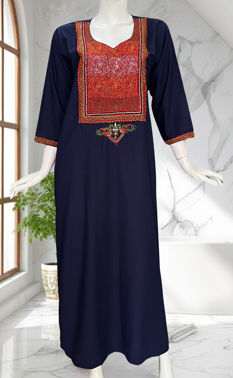Navy Blue Bhopali Embroidery Soft Cotton Long Sleeves Nighty. Soft Breathable Fabric | Laces and Frills - Laces and Frills