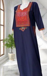 Navy Blue Bhopali Embroidery Soft Cotton Long Sleeves Nighty. Soft Breathable Fabric | Laces and Frills - Laces and Frills