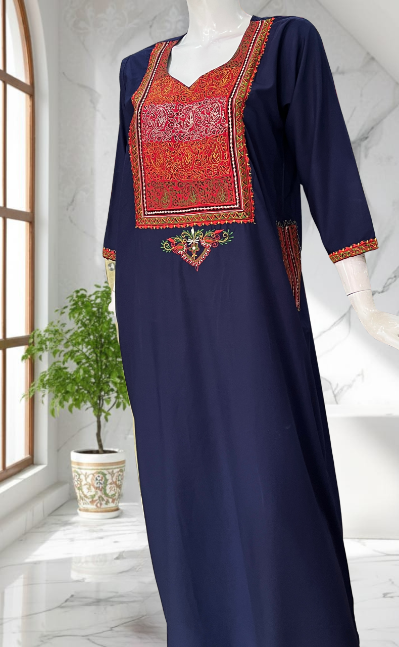 Navy Blue Bhopali Embroidery Soft Cotton Long Sleeves Nighty. Soft Breathable Fabric | Laces and Frills - Laces and Frills