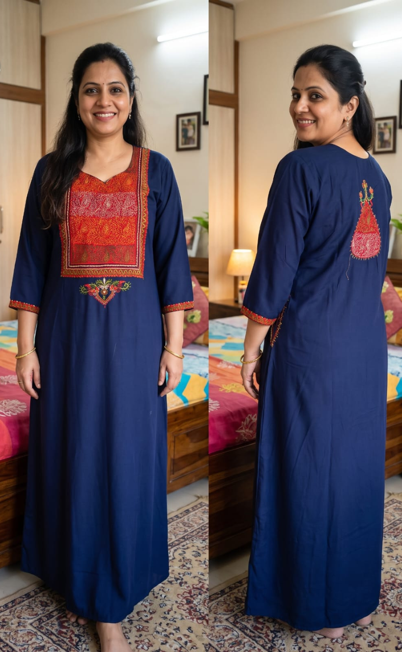 Navy Blue Bhopali Embroidery Soft Cotton Long Sleeves Nighty. Soft Breathable Fabric | Laces and Frills - Laces and Frills
