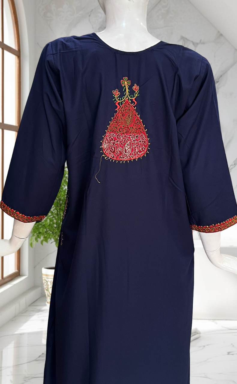 Navy Blue Bhopali Embroidery Soft Cotton Long Sleeves Nighty. Soft Breathable Fabric | Laces and Frills - Laces and Frills