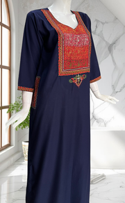 Navy Blue Bhopali Embroidery Soft Cotton Long Sleeves Nighty. Soft Breathable Fabric | Laces and Frills - Laces and Frills
