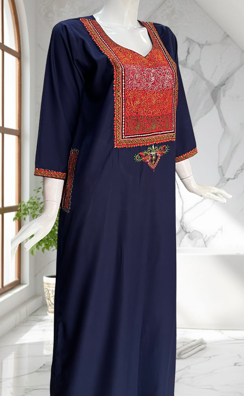 Navy Blue Bhopali Embroidery Soft Cotton Long Sleeves Nighty. Soft Breathable Fabric | Laces and Frills - Laces and Frills