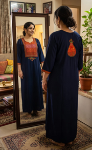 Navy Blue Bhopali Embroidery Soft Cotton Long Sleeves Nighty. Soft Breathable Fabric | Laces and Frills - Laces and Frills