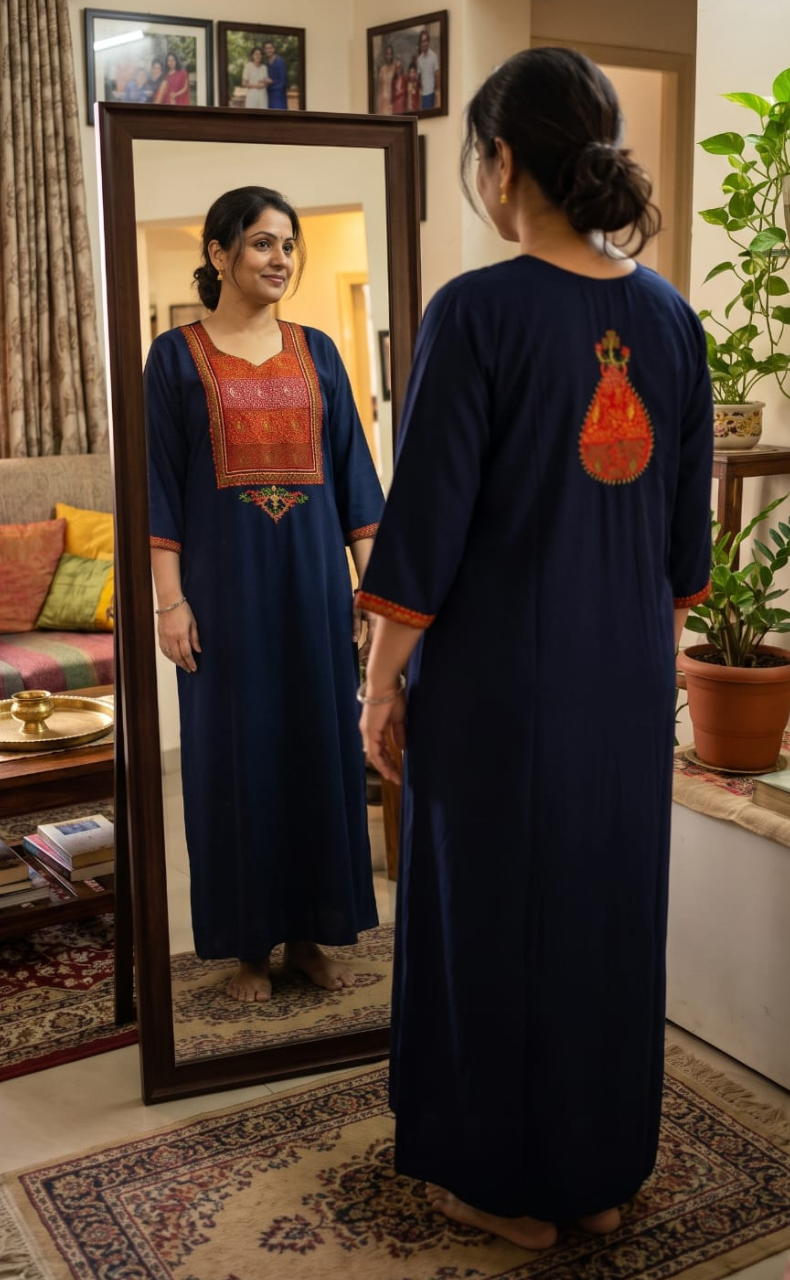 Navy Blue Bhopali Embroidery Soft Cotton Long Sleeves Nighty. Soft Breathable Fabric | Laces and Frills - Laces and Frills