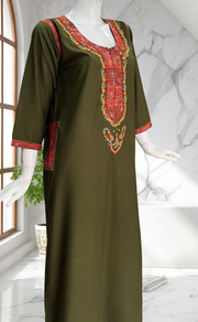 Mehndi Green Bhopali Embroidery Soft Cotton Long Sleeves Nighty. Soft Breathable Fabric | Laces and Frills - Laces and Frills