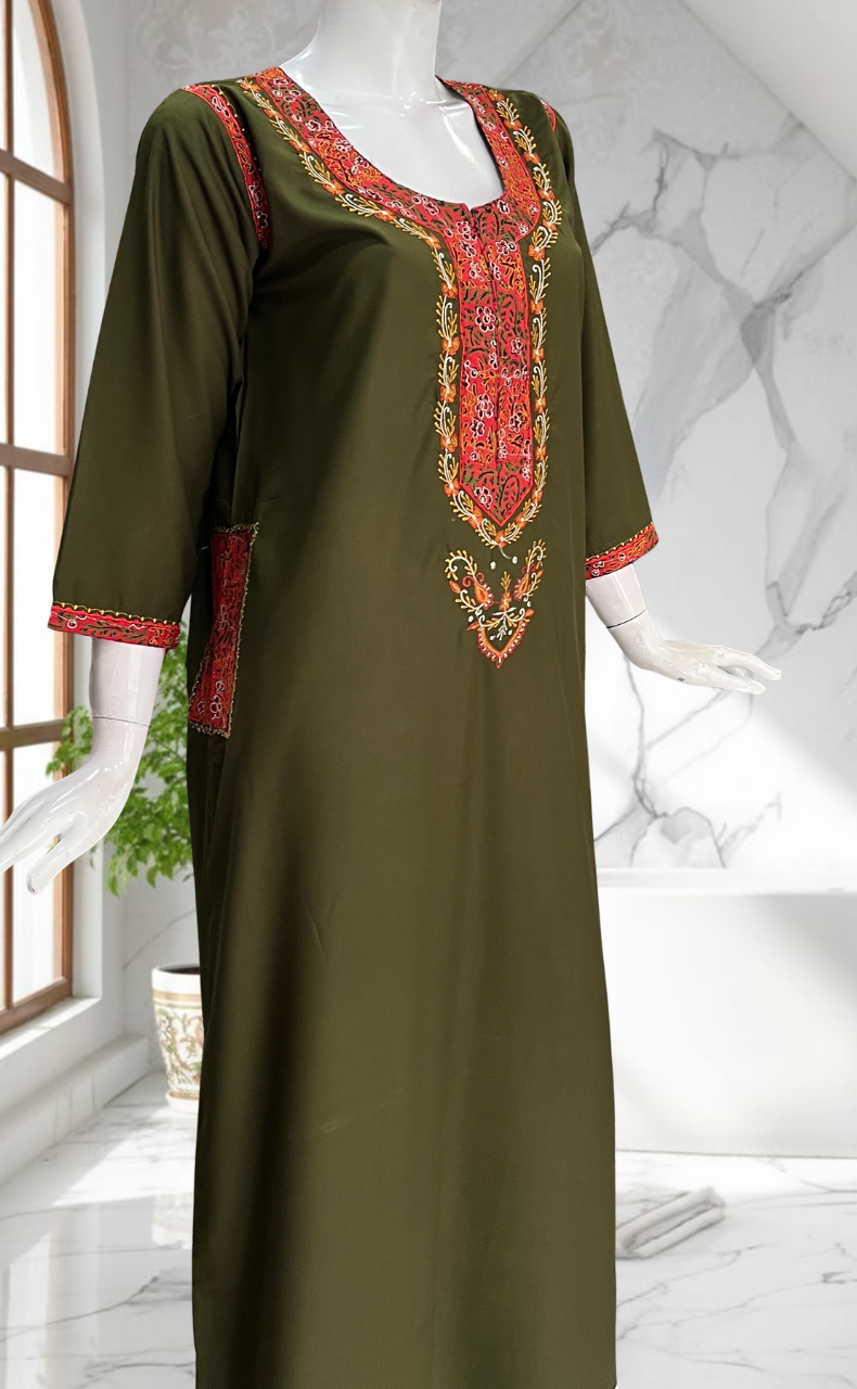 Mehndi Green Bhopali Embroidery Soft Cotton Long Sleeves Nighty. Soft Breathable Fabric | Laces and Frills - Laces and Frills